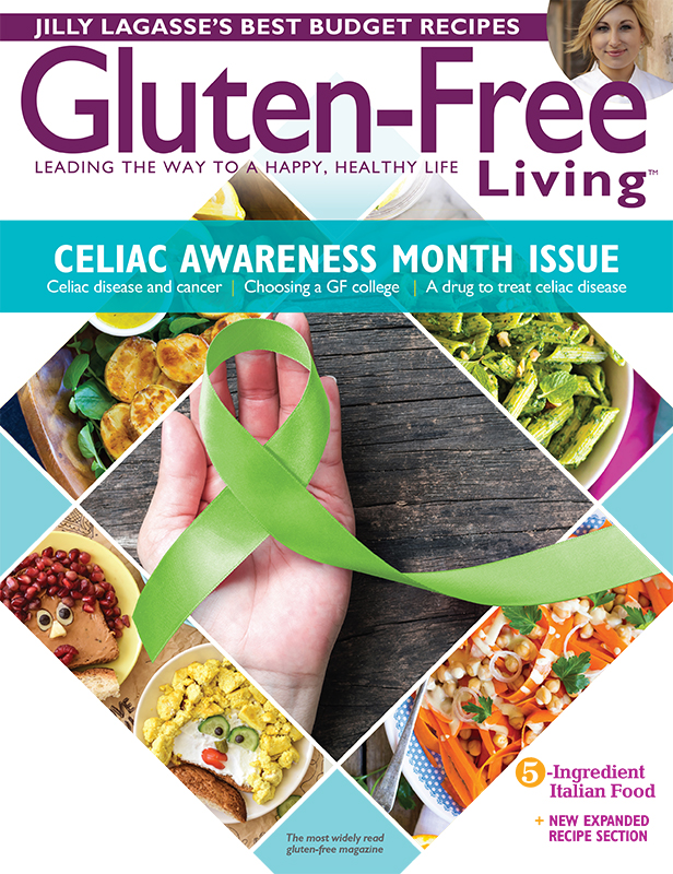 Gluten-Free Living magazine cover featuring a collage of images and a hand holding a green ribbon