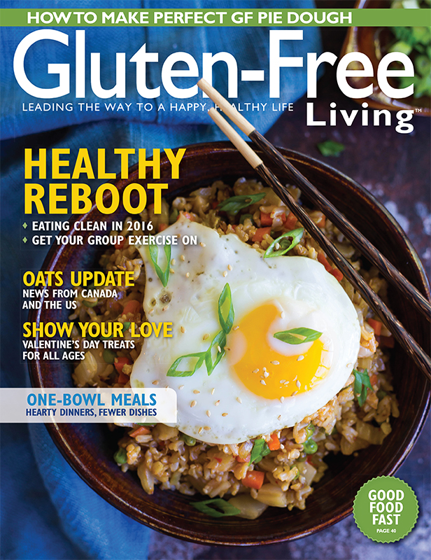 Gluten-Free Living magazine cover showing a rice and egg dish